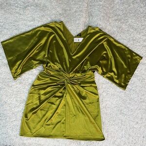 EXPRESS: Satin V-Neck Twist Front Mini Sheath Dress